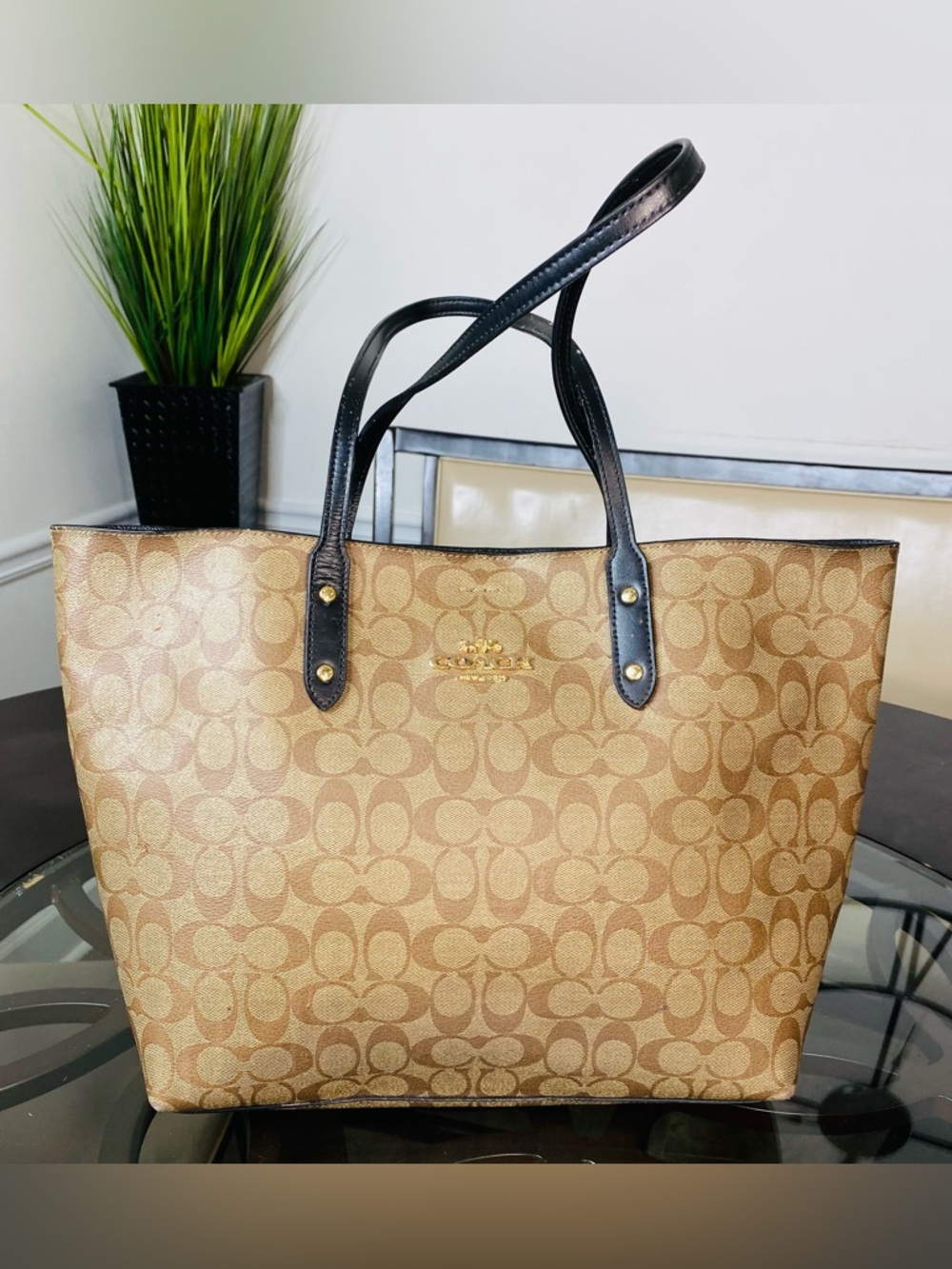 Coach Signature Tote Bag Womens Large Brown Canvas Leather Shoulder Logo Town - Picture 3 of 10